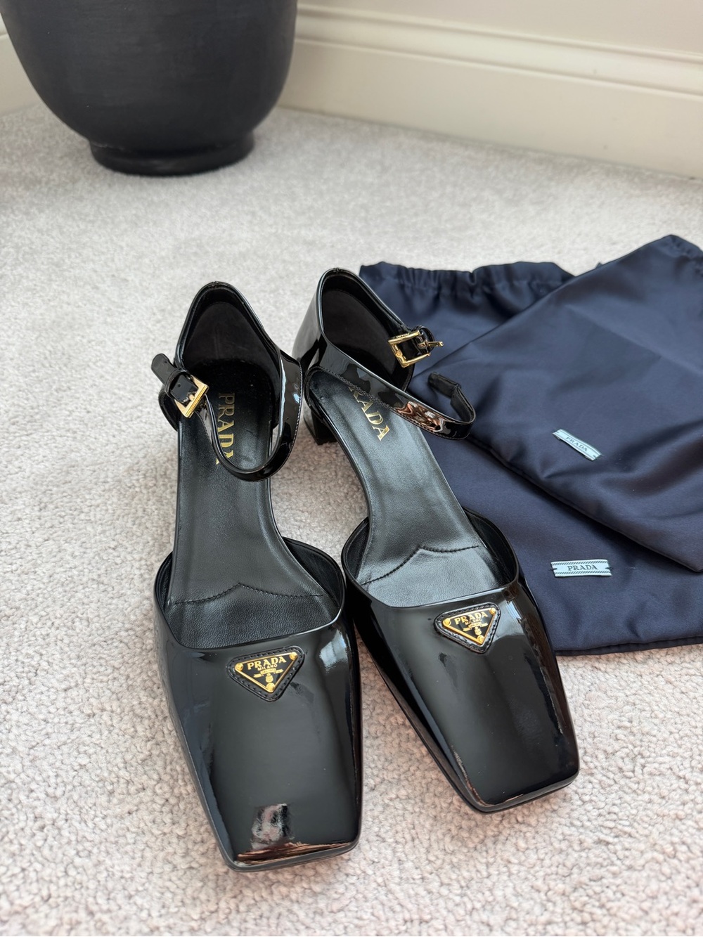 Prada Black Patent Leather Mary Jane Pumps with Gold Logo